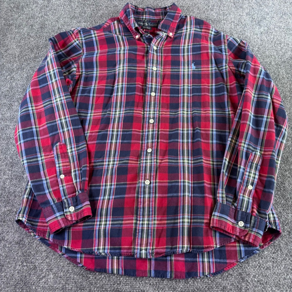 Ralph Lauren Button Down Shirt Mens L Red Navy Plaid Custom Fit Cotton Long Slv